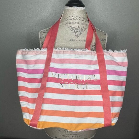 Victoria’s Secret Large Striped Lined Canvas Beach Tote Pink Orange White Gold - Picture 2 of 12